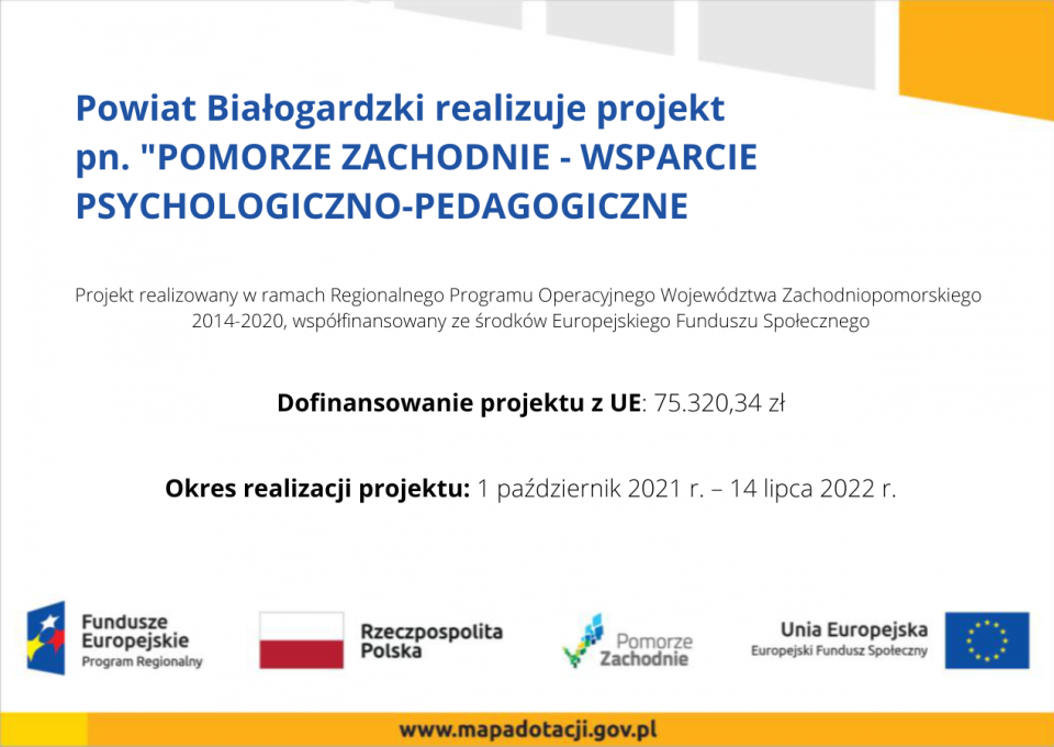Powiat Białogardzki realizuje projekt pn. POMORZE ZACHODNIE - WSPARCIE PSYCHOLOGICZNO-PEDAGOGICZNE