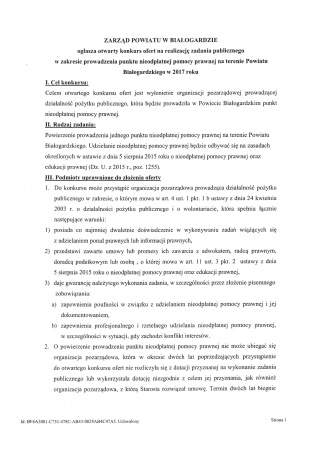 Ogłoszenie konkursu ofert na realizację zadania publicznego w zakresie prowadzenia punktu nieodpłatnej pomocy prawnej na terenie Powiatu Białogardzkiego w 2017 r. Strona 2
