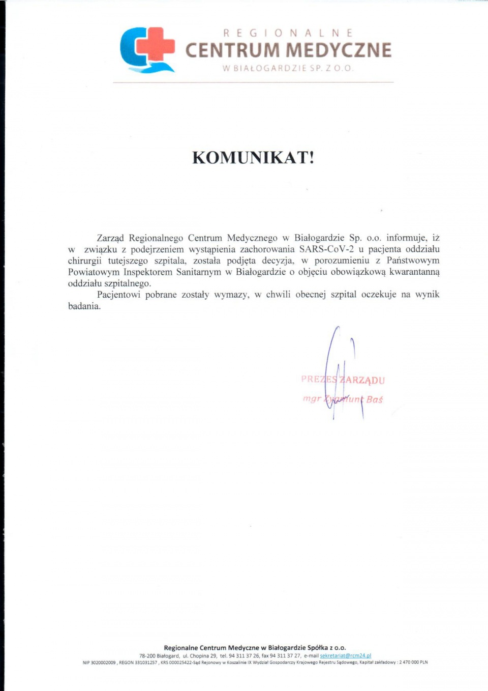 Komunikat Szpital Białogard - Koronawirus - 27.03.2020
