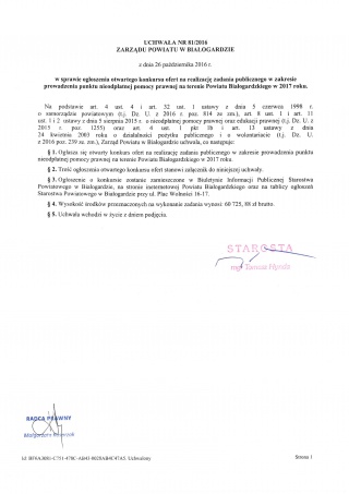 Ogłoszenie konkursu ofert na realizację zadania publicznego w zakresie prowadzenia punktu nieodpłatnej pomocy prawnej na terenie Powiatu Białogardzkiego w 2017 r. Strona 1